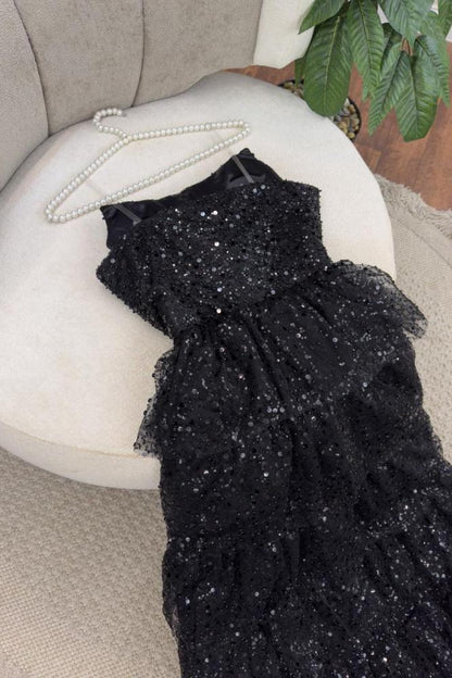 Sparkly Stunning Black Sequined Sleeveless Strapless Long Prom Dress with Split DP291