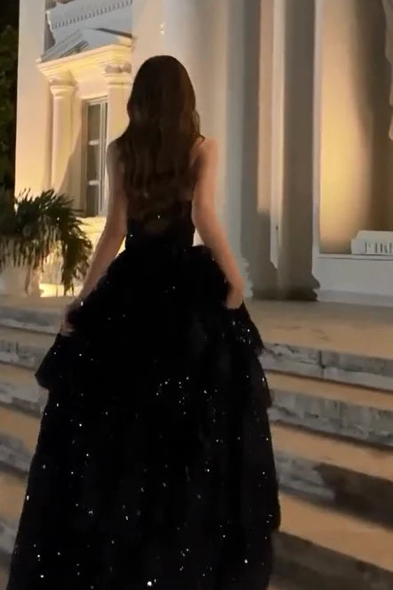 Sparkly Stunning Black Sequined Sleeveless Strapless Long Prom Dress with Split DP291