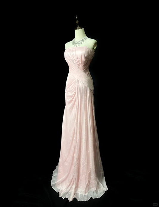 Elegant Strapless Sheath Prom Dress Vintage Chiffon Pink Formal Evening Dress DP2935