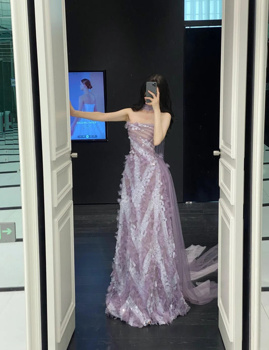 Fairy Strapless A-Line Tulle Purple Formal Evening Gown, Long Applique Prom Dress DP2937