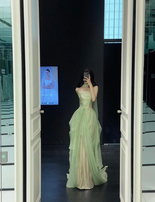 Fairy Strapless A-Line Tulle Green Formal Evening Dress Long Prom Dress  DP2938