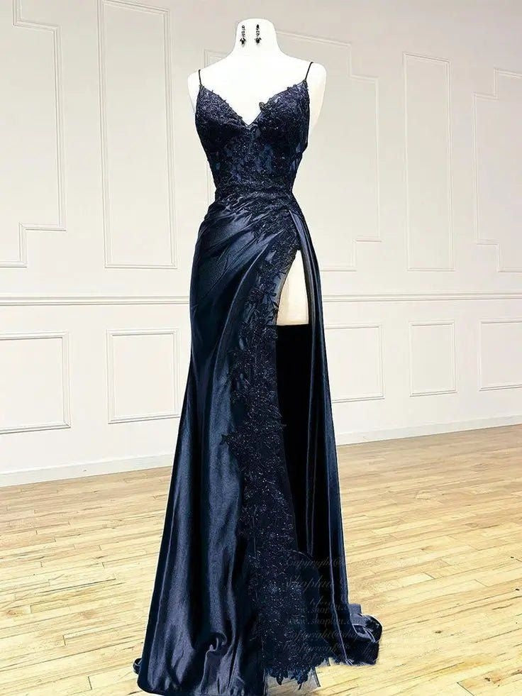 Sexy Sheath Satin Prom Dresses with Slit, Spaghetti Strap Formal Dress DP293