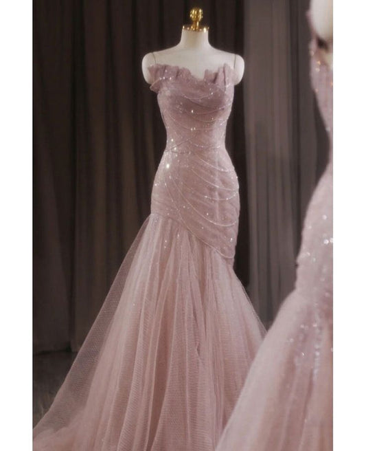 Luxury Sequined Pink Tulle Gorgeous Mermaid Prom Dress Evening Dresses DP294