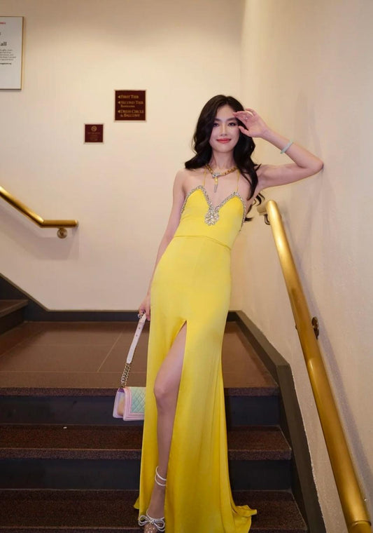 Modest Spaghetti Strap Sheath Satin Long Prom Dress, Backless Yellow Evening Dress DP2940