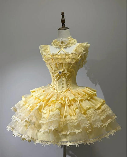 Vintage Ball Gown Yellow Tulle Lace Spaghetti Straps Short Lolita Outfits 18th Birthday Dress Mini Cute Lolita Dress DP2941