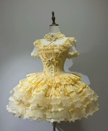 Vintage Ball Gown Yellow Tulle Lace Spaghetti Straps Short Lolita Outfits 18th Birthday Dress Mini Cute Lolita Dress DP2941
