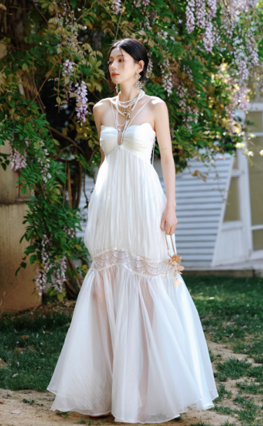 Elegant White Halter Neck A-Line Tulle Long Prom Dress Formal Evening Dress DP2956