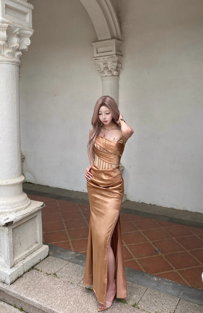 Elegant Strapless Sheath Satin Long Prom Dress Brown Formal Evening Dress DP2957