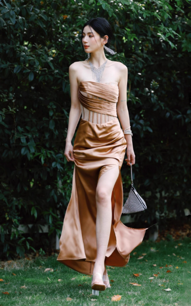 Elegant Strapless Sheath Satin Long Prom Dress Brown Formal Evening Dress DP2957