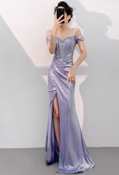 Elegant Off-the-Shoulder Mermaid Evening Gowns Satin Purple Formal Dress DP2958