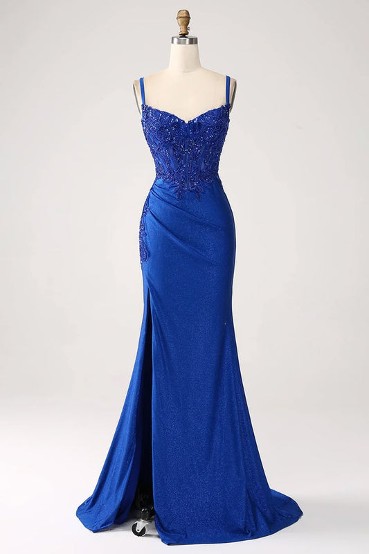 Luxury Sequin Royal Blue Mermaid Thin Shoulder Strap Sticker Long Prom Dress Evening Dresses DP296