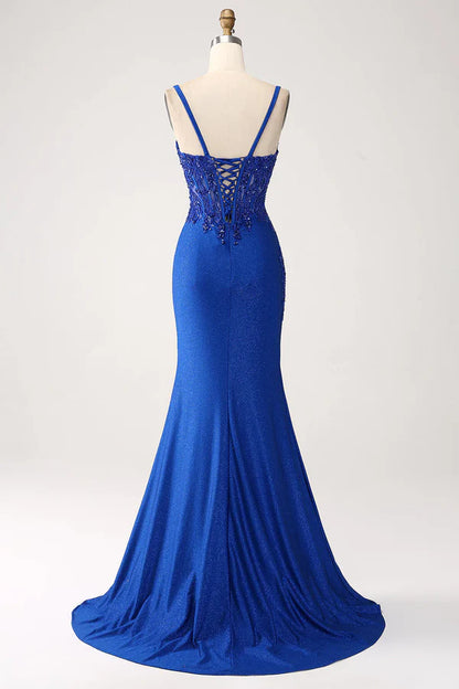 Luxury Sequin Royal Blue Mermaid Thin Shoulder Strap Sticker Long Prom Dress Evening Dresses DP296