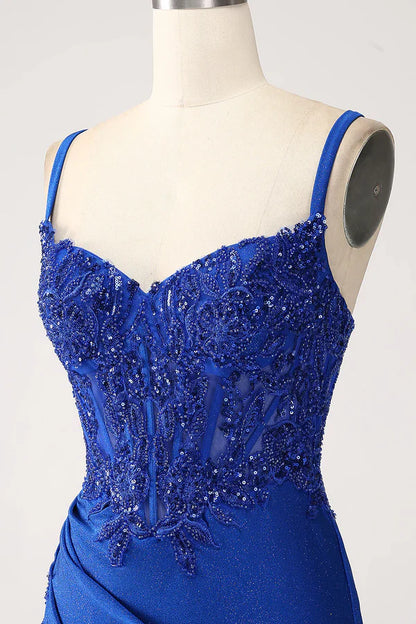 Luxury Sequin Royal Blue Mermaid Thin Shoulder Strap Sticker Long Prom Dress Evening Dresses DP296