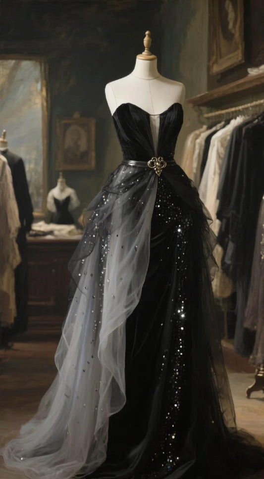 Elegant Black Strapless Mermaid Long Prom Dress, Tulle Sequin Formal Evening Dress DP2973
