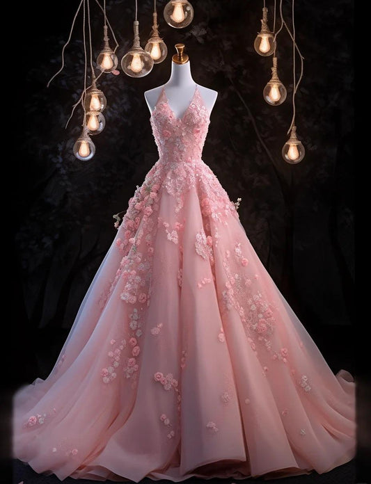 Cute Pink Halter Neck A-Line Long Prom DressTulle Applique Formal Evening Dress DP2974
