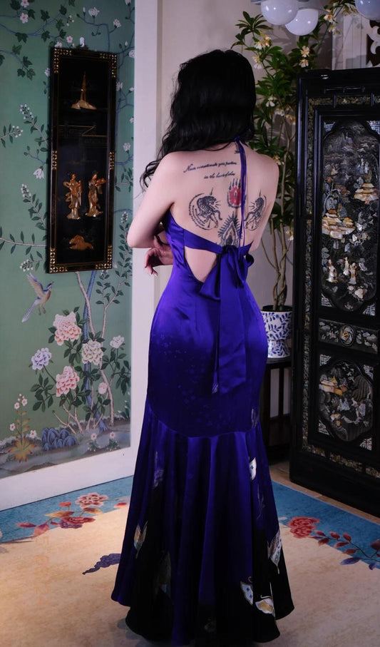 Vintage Purple Halter Mermaid Long Prom Dress Satin Backless Formal Evening Dress DP2975