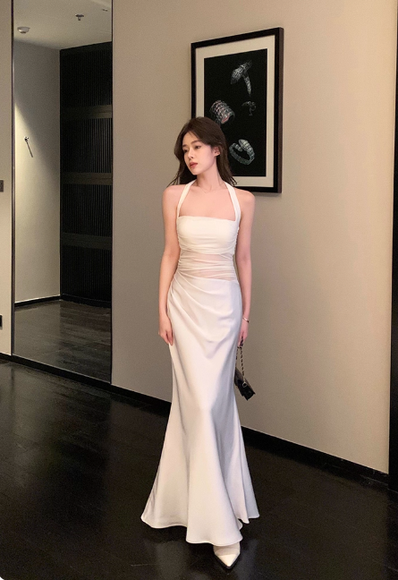 Elegant Halter Mermaid Satin Long Prom Dresses White Formal Evening Dresses  DP2980