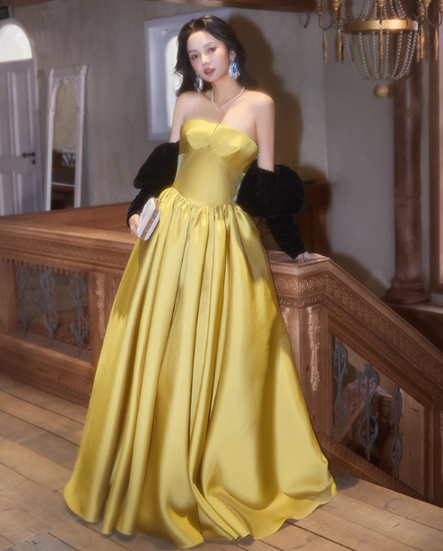 Elegant Strapless Ball Gown Satin Long Prom Dresses Yellow Formal Evening Dresses DP2981
