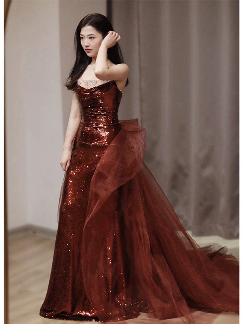 Robe de soirée sirène bordeaux à paillettes et tulle, sans bretelles, DP298