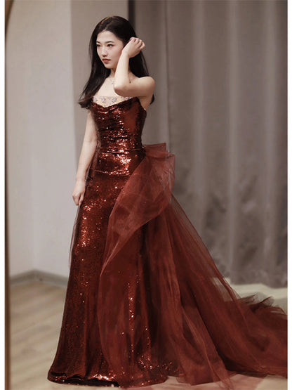 Robe de soirée sirène bordeaux à paillettes et tulle, sans bretelles, DP298