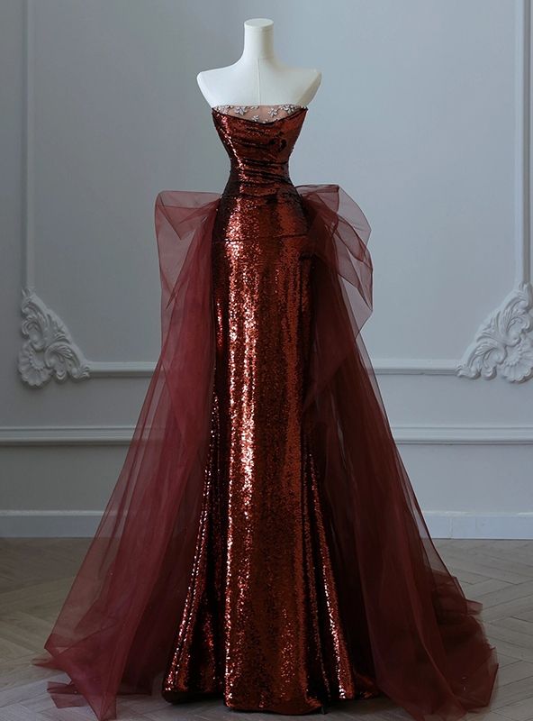 Robe de soirée sirène bordeaux à paillettes et tulle, sans bretelles, DP298