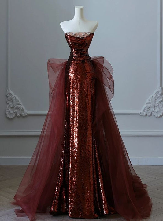 Robe de soirée sirène bordeaux à paillettes et tulle, sans bretelles, DP298
