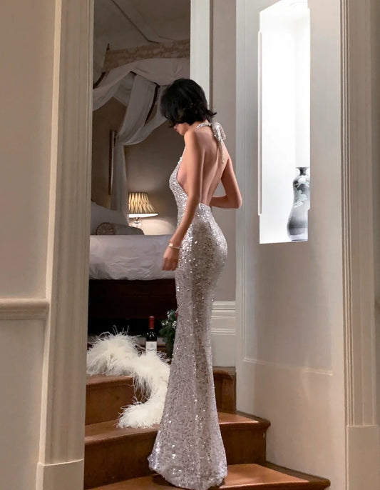 Silver Mermaid Long Formal Dresses,Sexy Backless Evening Dresses,  Guest Dresses With Sequins DP2991