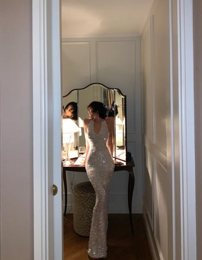 Silver Mermaid Long Formal Dresses,Sexy Backless Evening Dresses,  Guest Dresses With Sequins DP2991