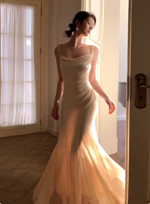 Sparkly Mermaid Evening Dresses, Chiffon Sleeveless Formal Dresses Wedding Guest Dresses DP2992