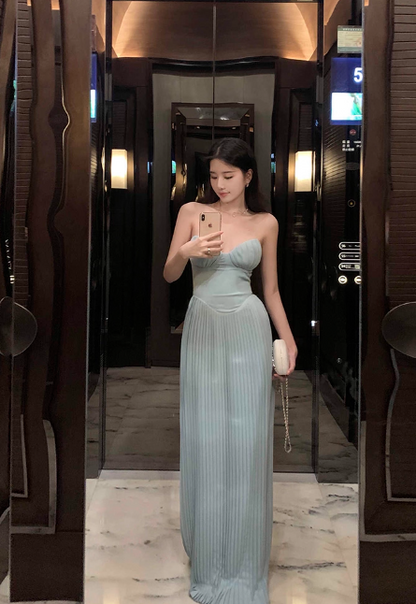 Sexy Sheath Evening Dresses, Chiffon Pleated Formal Dresses Blue Sleeveless Guest Dresses DP2993