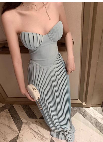Sexy Sheath Evening Dresses, Chiffon Pleated Formal Dresses Blue Sleeveless Guest Dresses DP2993