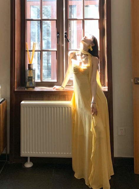 Elegant Sheath Evening Dresses, Spaghetti Strap Chiffon Yellow Guest Dress DP2997