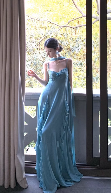 Elegant Sheath Evening Dresses, Spaghetti Strap Chiffon Yellow Guest Dress DP2997