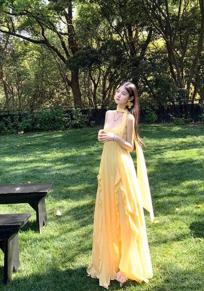 Elegant Sheath Evening Dresses, Spaghetti Strap Chiffon Yellow Guest Dress DP2997