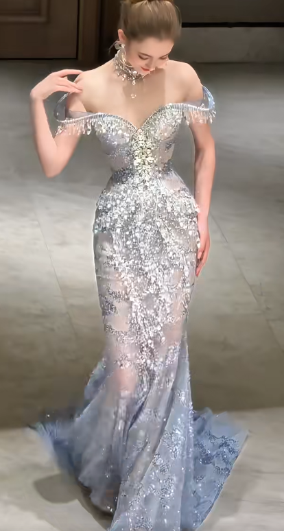 Elegant Mermaid Evening Dresses, Off-the-shoulder Tulle Beaded Long Formal Dresses DP2998
