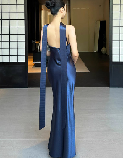 Elegant Sheath Navy Blue Evening Dresses, Halter Neck Satin Wedding Guest Dresses DP2999