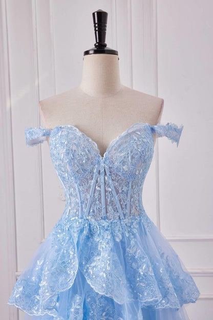 Fairy Off the Shoulder Light Blue Ruffles Prom Dress Party Gown Evening Dresses DP299