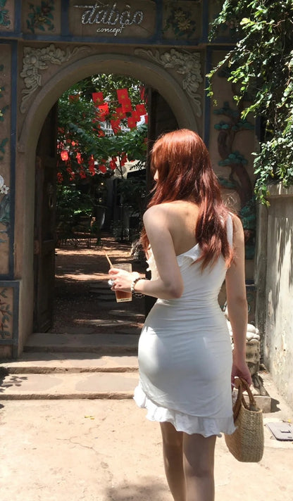 Sexy One Shoulder Bodycon Chiffon Short Birthday Dresses White Homecoming Dresses DP3009