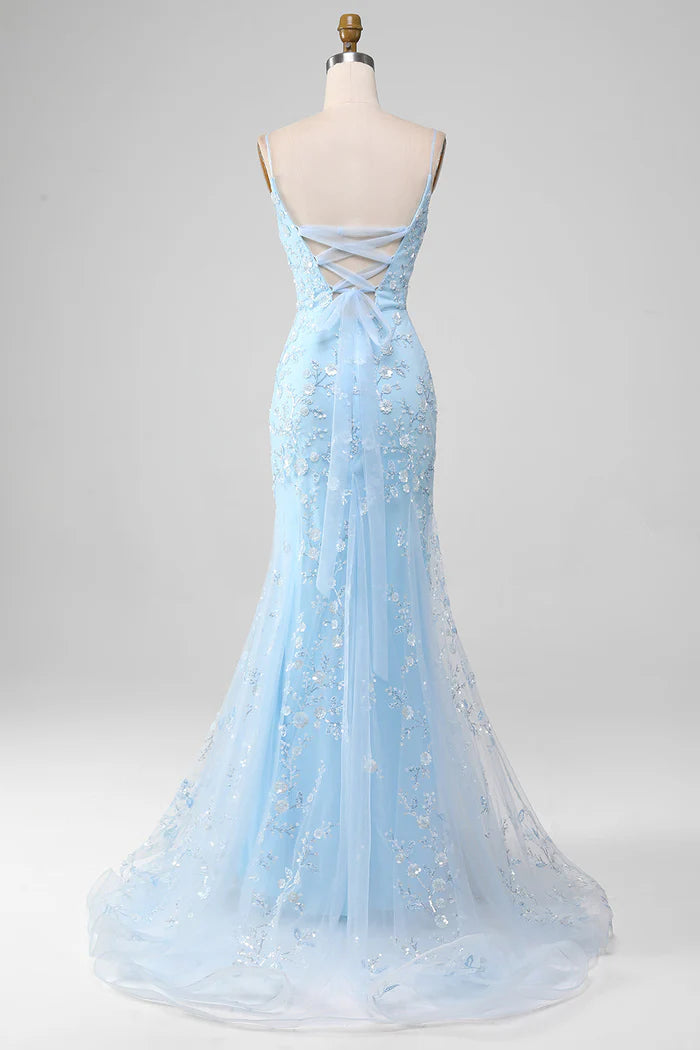 Mermaid Blush Spaghetti Straps Prom Dress With Appliques Evening Dresses DP300