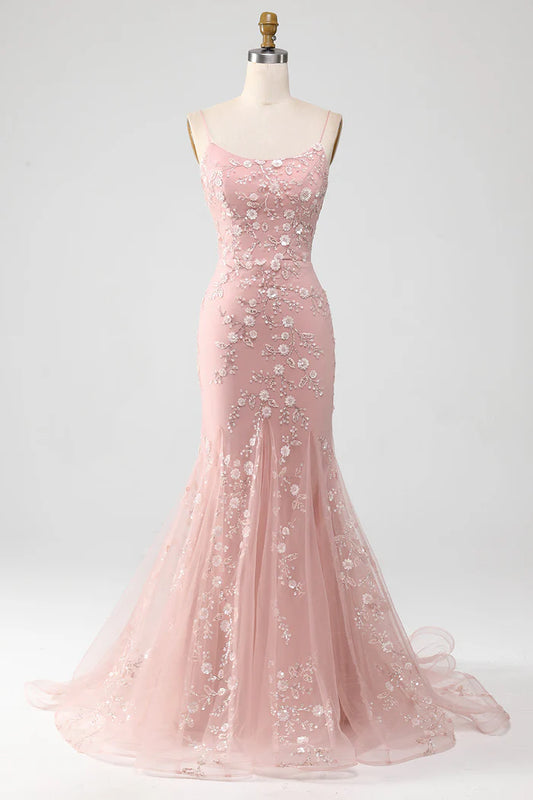 Mermaid Blush Spaghetti Straps Prom Dress With Appliques Evening Dresses DP300