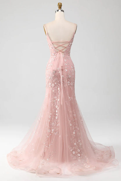 Mermaid Blush Spaghetti Straps Prom Dress With Appliques Evening Dresses DP300