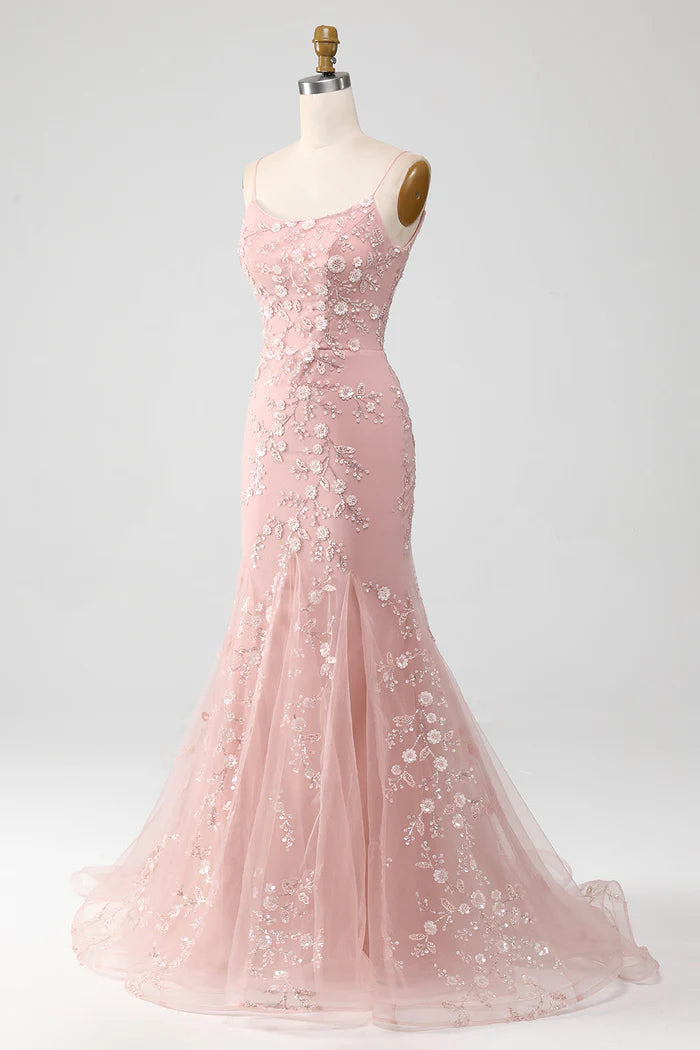 Mermaid Blush Spaghetti Straps Prom Dress With Appliques Evening Dresses DP300