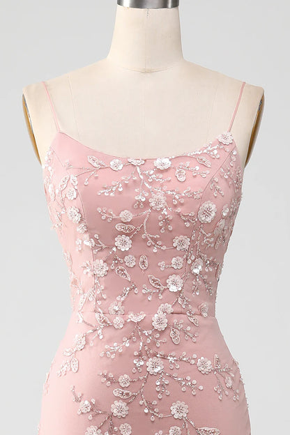 Mermaid Blush Spaghetti Straps Prom Dress With Appliques Evening Dresses DP300