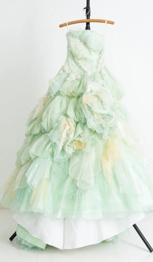 Gorgeous Strapless Ball Gown Tulle Lace Long Prom Dresses Green Quinceanera Dresses DP3012