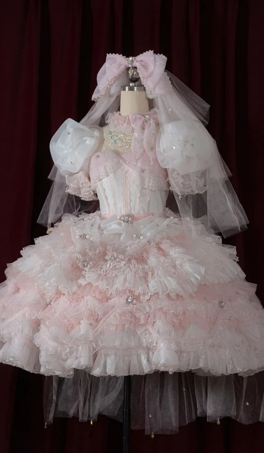 Cute Square Neck Ball Gown Tulle Short Sleeve Birthday Dress Pink Lolita Dress DP3015