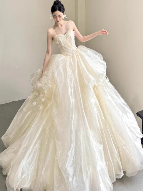 Elegant Strapless Ball Gown Tulle Long Luxury Wedding Dresses Light Champagne Sleeveless Bridal Gowns DP3019