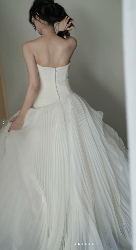Modest Strapless Ball Gown Satin Wedding Dress, White Tulle Ruffles Bridal Gowns DP03025