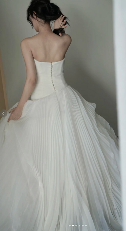 Modest Strapless Ball Gown Satin Wedding Dress, White Tulle Ruffles Bridal Gowns DP03025