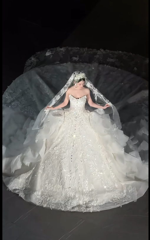 Elegant Strapless Ball Gown Tulle Beaded Wedding Dress, White Bridal Gowns DP3026