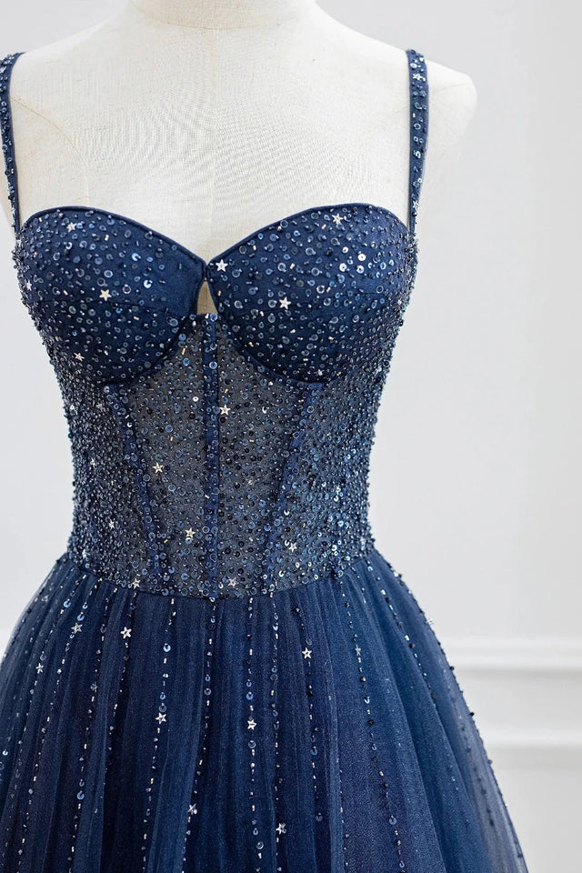 Pretty Navy Blue Spaghetti Straps Tulle Beading Prom Dress Evening Dresses DP303